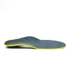 Side view of orthotic insoles for flat feet with breathable silver mesh top, reinforced yellow heel for stability and cushioning, and slim design for discreet footwear fit. Contoured arch support promotes alignment and reduces foot fatigue.