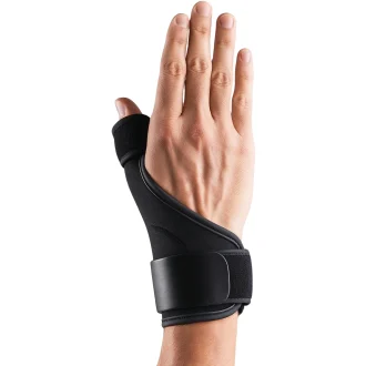 Front view of a man's hand wearing a thumb support spica splint, showcasing its lightweight, breathable design with adjustable straps for secure stabilization. The splint contours around the thumb and wrist, highlighting reinforced stitching and a neutral-toned, medical-grade fabric for discreet comfort during daily use.