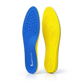 insoles for supination main product image. yellow and blue insoles stood upright