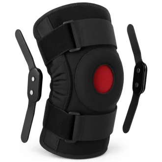A black neoprene ACL knee brace with adjustable metal hinges on each side, designed for support and stability.