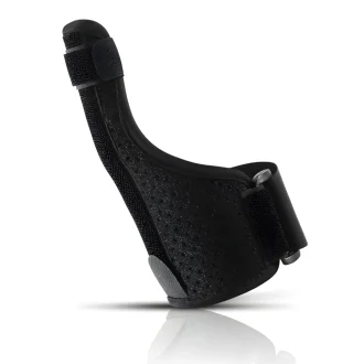 Main prodcut image of our Thumb Spinca Splint for both men and women in black with adjustable velcro straps and metal splint bar
