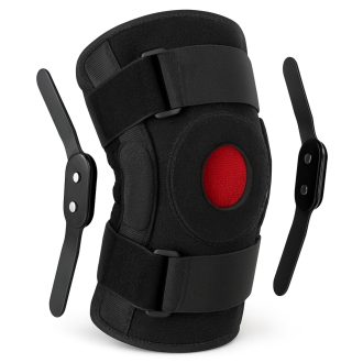A black neoprene ACL knee brace with adjustable metal hinges on each side, designed for support and stability.