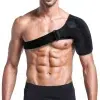 Front view of a man wearing a black neoprene shoulder support brace, designed for stabilizing injuries like rotator cuff strains or shoulder instability. The brace features adjustable compression straps for customized support, breathable mesh panels for airflow, and contoured padding to align the joint. Reinforced stitching and a low-profile design ensure durability and discreet wear during rehabilitation or daily activities.