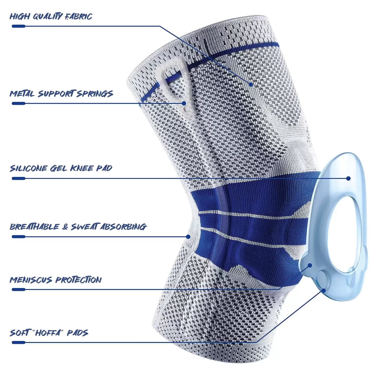Knee support sleeve features include high quality knitted fabric, silicone gel knee pads, metal support stays, Hoffa pads and meniscus protection
