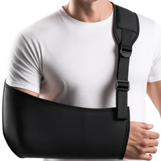 Front view of a man wearing a padded arm sling designed for shoulder or elbow injuries, featuring adjustable neoprene straps for secure immobilization and breathable mesh lining to prevent irritation. The sling cradles the forearm at a neutral angle, with reinforced stitching and a slim for discreet wear during recovery. Ergonomic contouring ensures comfort for fractures, sprains, or post-surgical support.