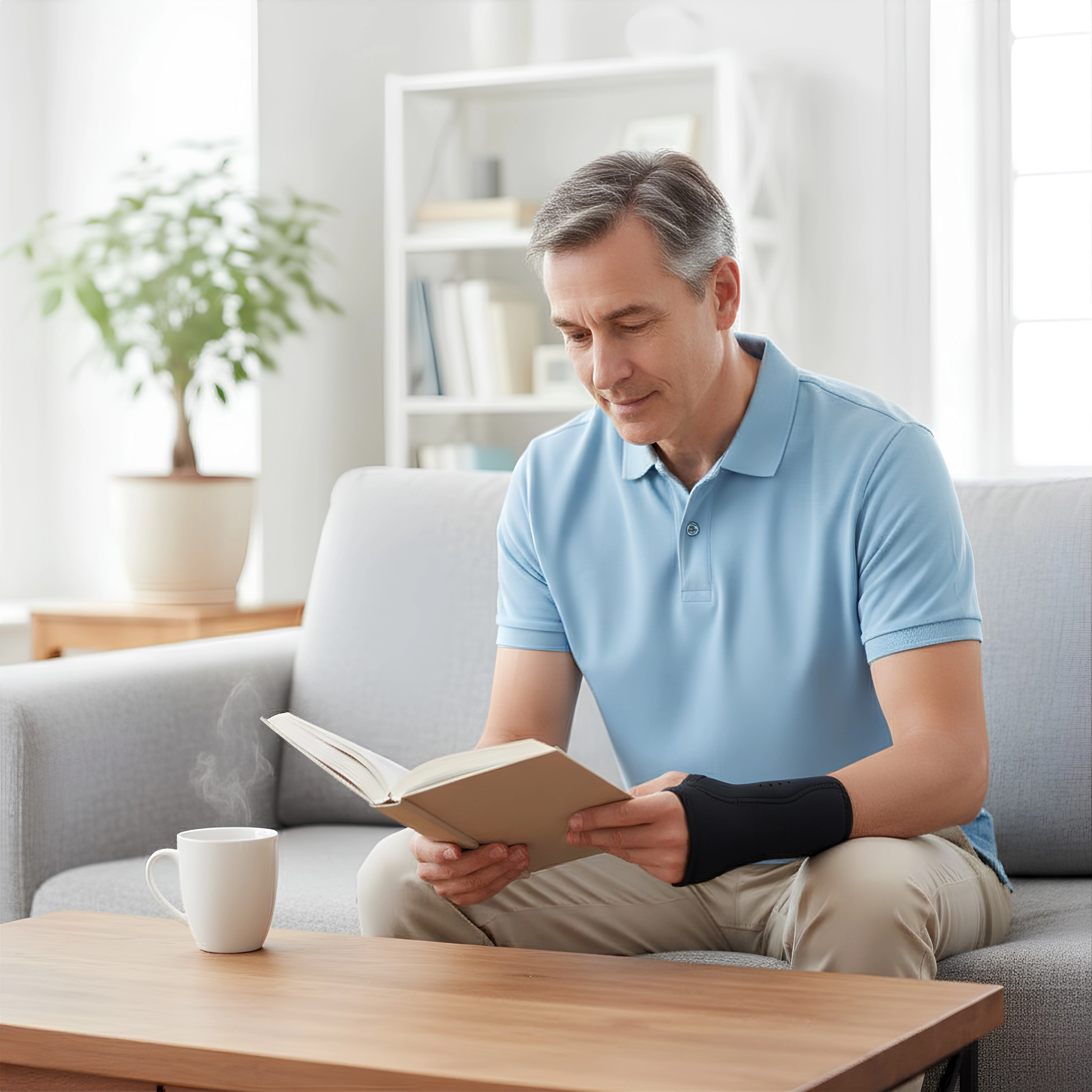 man-reading-book-wearing-wrist-support