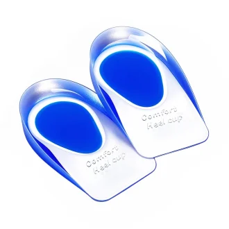 Two clear silicone gel heel cups stacked on top of each other, designed to provide cushioning and support for relief from heel pain and plantar fasciitis, suitable for both men and women.