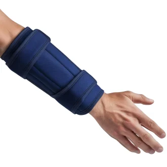 Navy blue forearm support brace comfortably worn on adult male arm for injury recovery and joint stability