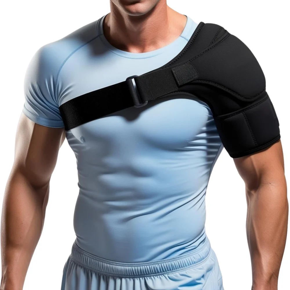 Man wearing a black neoprene shoulder support brace with adjustable straps, designed to stabilize and relieve pain from conditions like frozen shoulder, tendonitis, rotator cuff tears, bursitis, and arthritis. Features breathable compression, ergonomic support, and secure fit for enhanced mobility and recovery.
