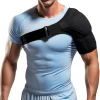 Man wearing a black neoprene shoulder support brace with adjustable straps, designed to stabilize and relieve pain from conditions like frozen shoulder, tendonitis, rotator cuff tears, bursitis, and arthritis. Features breathable compression, ergonomic support, and secure fit for enhanced mobility and recovery.