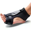A night splint brace designed for Plantar fasciitis relief is shown on a man's foot against a clean white background. The device holds the foot in a gentle dorsiflexion position, maintaining a stretch along the Achilles tendon and plantar fascia. An adjustable tension strap secures the midfoot, allowing customizable support while padded contours ensure comfort. The rigid frame stabilizes the ankle, promoting proper alignment overnight to reduce morning stiffness. Soft, breathable materials line the interior for extended wear.