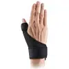 A man's hand wearing a thumb support spica splint in a front view. The splint features a rigid, contoured design with adjustable straps, providing stabilization for the thumb and wrist. Black neoprene material blend discreetly with skin, while breathable perforations ensure comfort. Visible stitching and textured surfaces highlight durability and secure fit, ideal for injury recovery or joint support.