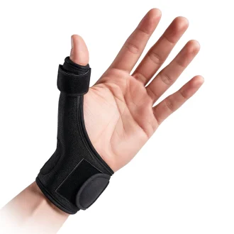 Front view of a thumb support splint designed for broken thumb stabilization, featuring a rigid yet padded structure for immobilization and comfort. Adjustable straps secure the splint around the wrist and thumb, with anatomical contouring to maintain proper alignment during healing. Breathable materials and reinforced edges ensure durability, while a neutral, low-profile design allows discreet wear for daily recovery.