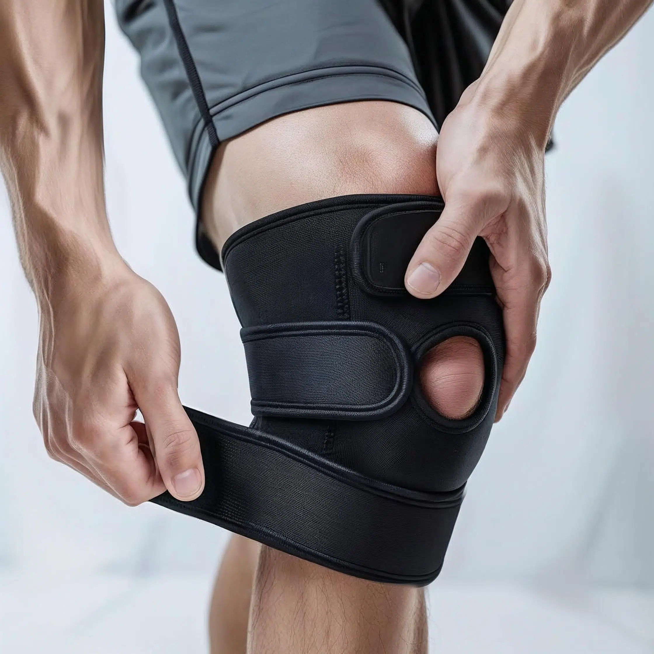 Product image of a black neoprene knee brace. Man wearing shorts. Bright white background. Knee brace is pure black color. (4)