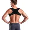 Back view of an upper back support posture corrector worn snugly around the shoulders and spine, featuring adjustable cross straps for customized tension and rigid, ergonomic stays to promote spinal alignment. Breathable, medical-grade elastic contours to the body, reducing slouching while discreetly enhancing posture under clothing. Reinforced panels and seamless edges ensure support for injury recovery or chronic back pain relief.