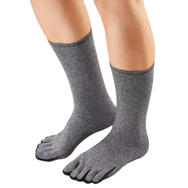 A picture of someone wearing a pair of FootReviver Raynaud's Disease Socks for both mena dn women wanting to treat and prevent episodes and symptoms effectively.