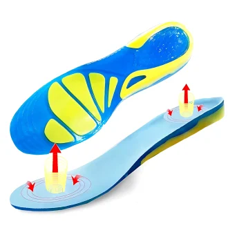 A pair of blue and yellow shock-absorbing gel insoles designed to alleviate sesamoiditis with targeted cushioning and arch support.