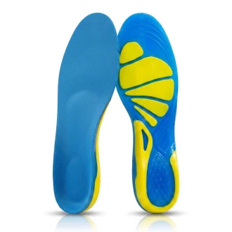 A pair of blue and yellow shock-absorbing gel insoles designed to alleviate sesamoiditis with targeted cushioning and arch support.