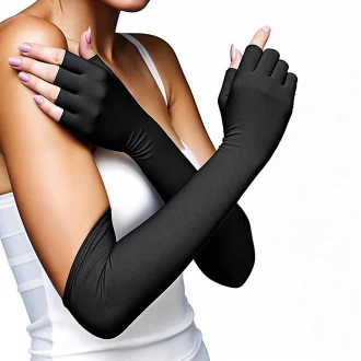 Main product image of a women wearing our Full length compression Raynaud's compression gloves in black.