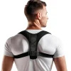 Back view of a posture corrector worn over the upper back and shoulders, featuring adjustable cross straps for tailored alignment and rigid yet flexible supports to relieve back pain. Breathable, medical-grade mesh contours to the body, promoting upright posture while discreetly enhancing vertical alignment for injury recovery or daily comfort. Reinforced seams ensure durability without restricting movement.