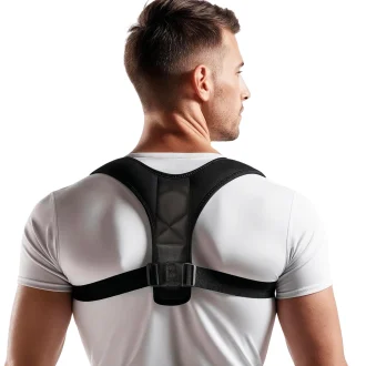 Back view of a posture corrector worn over the upper back and shoulders, featuring adjustable cross straps for tailored alignment and rigid yet flexible supports to relieve back pain. Breathable, medical-grade mesh contours to the body, promoting upright posture while discreetly enhancing vertical alignment for injury recovery or daily comfort. Reinforced seams ensure durability without restricting movement.