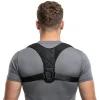 Back view of a posture corrector worn over the upper back and shoulders, featuring adjustable cross straps for tailored alignment and rigid yet flexible supports to relieve back pain. Breathable, medical-grade mesh contours to the body, promoting upright posture while discreetly enhancing vertical alignment for injury recovery or daily comfort. Reinforced seams ensure durability without restricting movement.