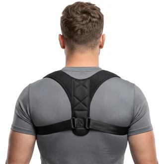 Back view of a posture corrector worn over the upper back and shoulders, featuring adjustable cross straps for tailored alignment and rigid yet flexible supports to relieve back pain. Breathable, medical-grade mesh contours to the body, promoting upright posture while discreetly enhancing vertical alignment for injury recovery or daily comfort. Reinforced seams ensure durability without restricting movement.