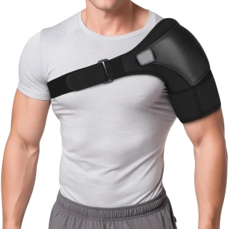 A man wearing a black shoulder support compression brace, its adjustable straps snugly secured to stabilize the joint. The breathable, elastic material contours to the body, providing targeted compression to reduce swelling and improve mobility during recovery.