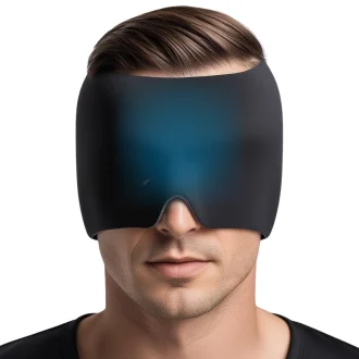 Man relaxing in a black cooling gel cap worn over the eyes, featuring adjustable straps and lightweight fabric. The hat’s integrated gel technology provides instant cooling relief, while the breathable design contours to the head for all-day comfort during heatwaves or hot summer days.
