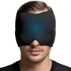 Man wearing a black migraine relief hat with adjustable straps and built-in gel packs for hot or cold therapy. The soft, ergonomic design contours to the head, providing targeted pain relief and comfort.