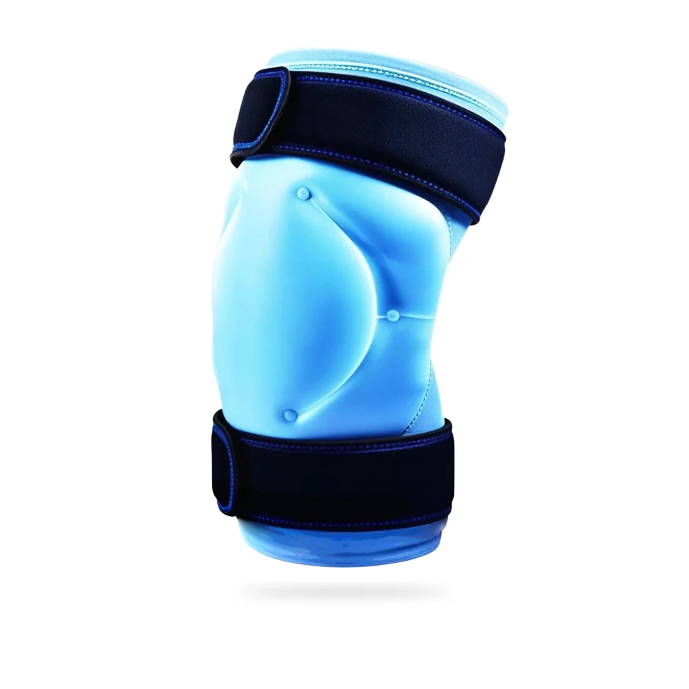 Blue gel ice pack wrap for elbow injuries with adjustable black Velcro straps at the top and bottom, designed for secure comfort and support. Unisex fit for effective recovery.
