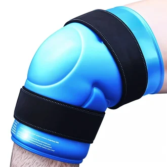 A close-up view of a person’s knee wearing a secure, adjustable ice pack wrap designed for cold therapy to reduce swelling, relieve pain, and support recovery using the P.R.I.C.E. method.
