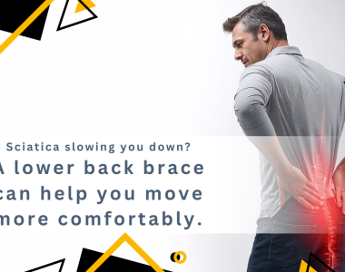 Man in his 40s holding his right lower back, with a red highlight tracing sciatic pain down the back of the leg; clean white‑to‑grey bokeh background.