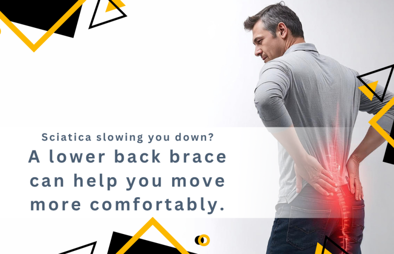 Man in his 40s holding his right lower back, with a red highlight tracing sciatic pain down the back of the leg; clean white‑to‑grey bokeh background.