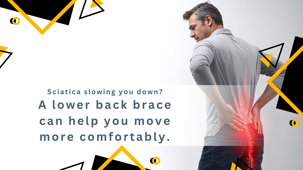 Man in his 40s holding his right lower back, with a red highlight tracing sciatic pain down the back of the leg; clean white‑to‑grey bokeh background.