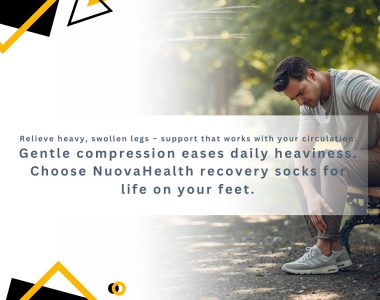 Main Banner Text: Relieve heavy, swollen legs – support that works with your circulation. Sub‑banner Text: Gentle compression eases daily heaviness. Nuovahealth recovery socks for life on your feet.