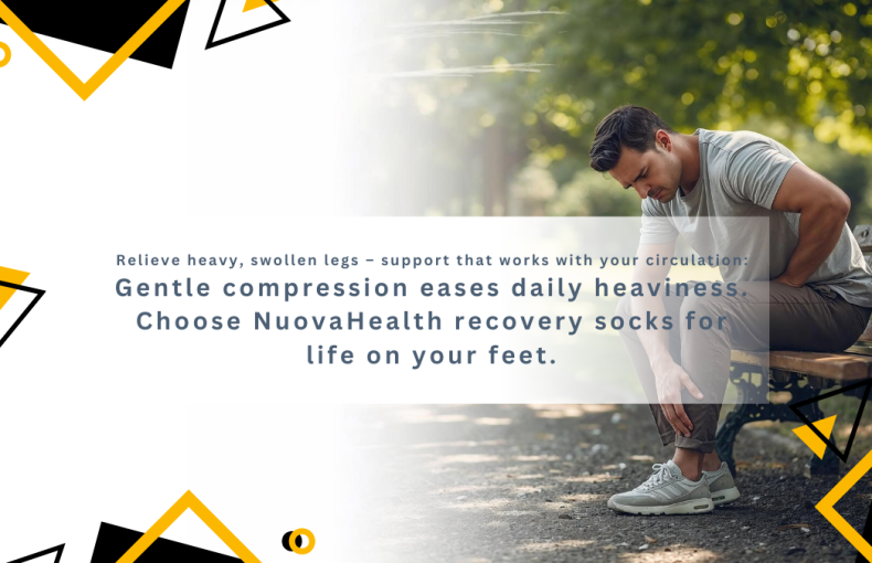 Main Banner Text: Relieve heavy, swollen legs – support that works with your circulation. Sub‑banner Text: Gentle compression eases daily heaviness. Nuovahealth recovery socks for life on your feet.
