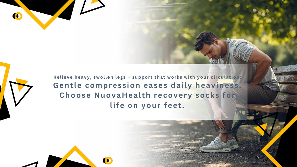 Main Banner Text: Relieve heavy, swollen legs – support that works with your circulation. Sub‑banner Text: Gentle compression eases daily heaviness. Nuovahealth recovery socks for life on your feet.